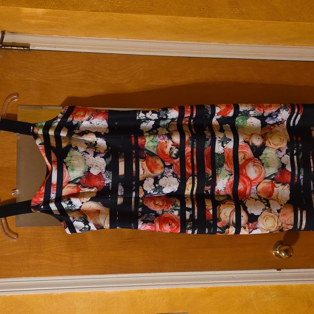 Adrianna Papell Floral Striped Midi Dress - Black, Red, White